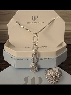 BP Silver Rectangular Link Drop Necklace with Pavé Accents